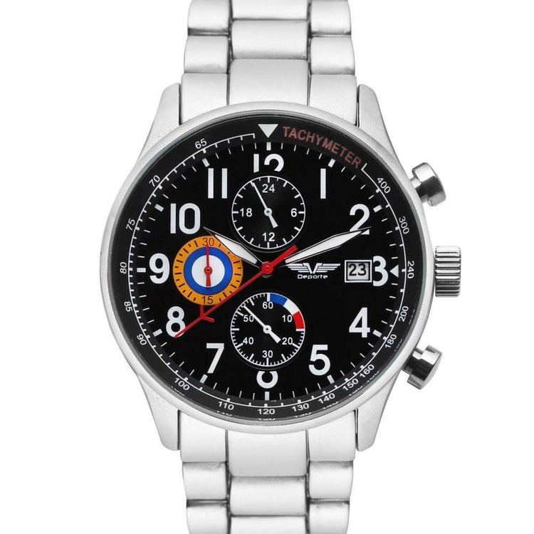 Deporte Spitfire Men's Chronograph Watch, Silver Case and Bracelet Black Dial