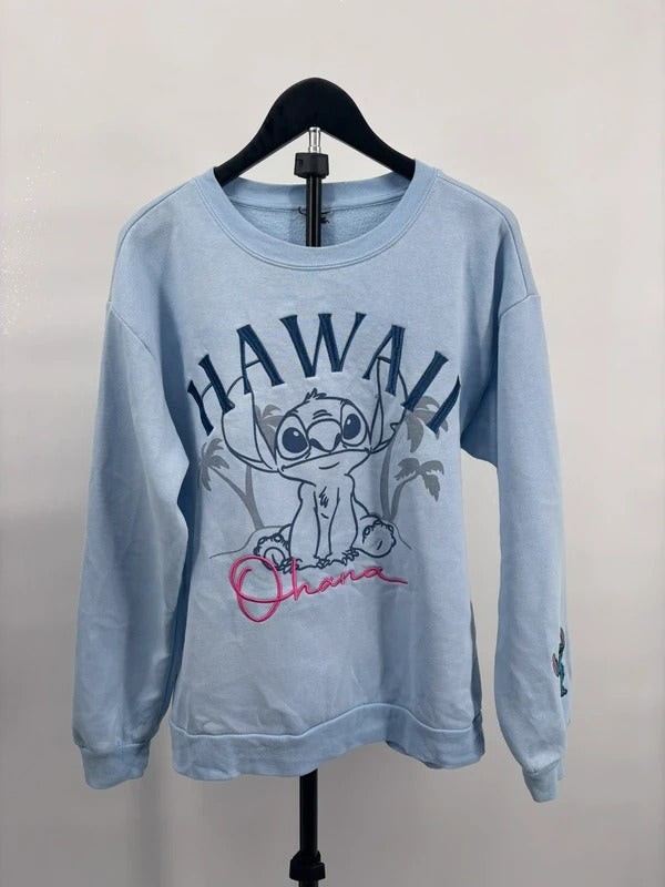 Disney Stitch Hawaii Ohana Light Blue Graphic Crewneck Sweatshirt