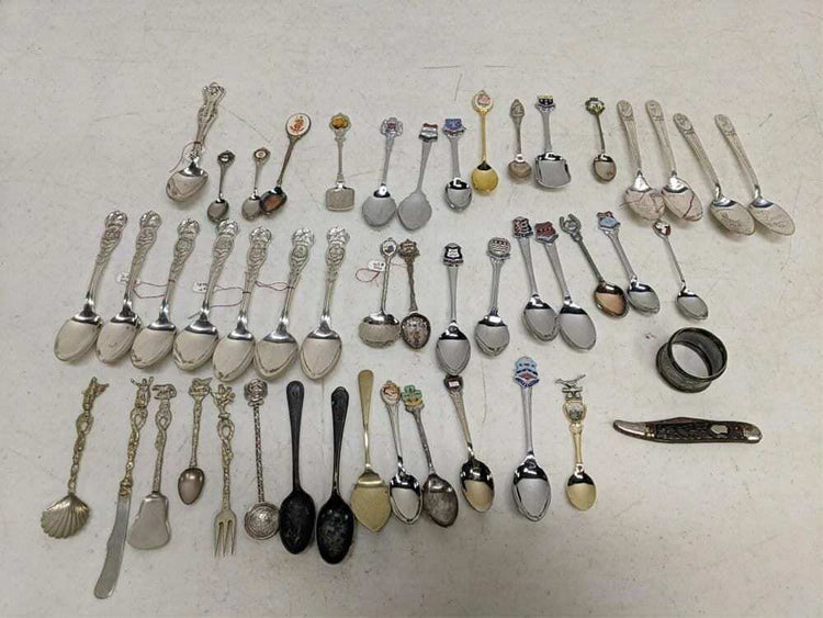 46 Collector Spoons, Napkin Ring And Pocket Knife