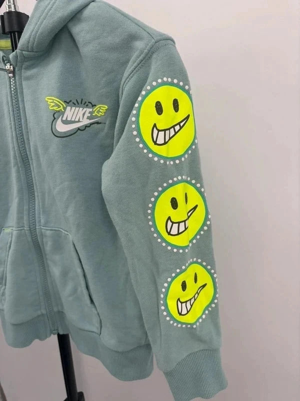 Nike Kids Sage Green Smiley Face Zip Hoodie Neon Y2K Style Size 5