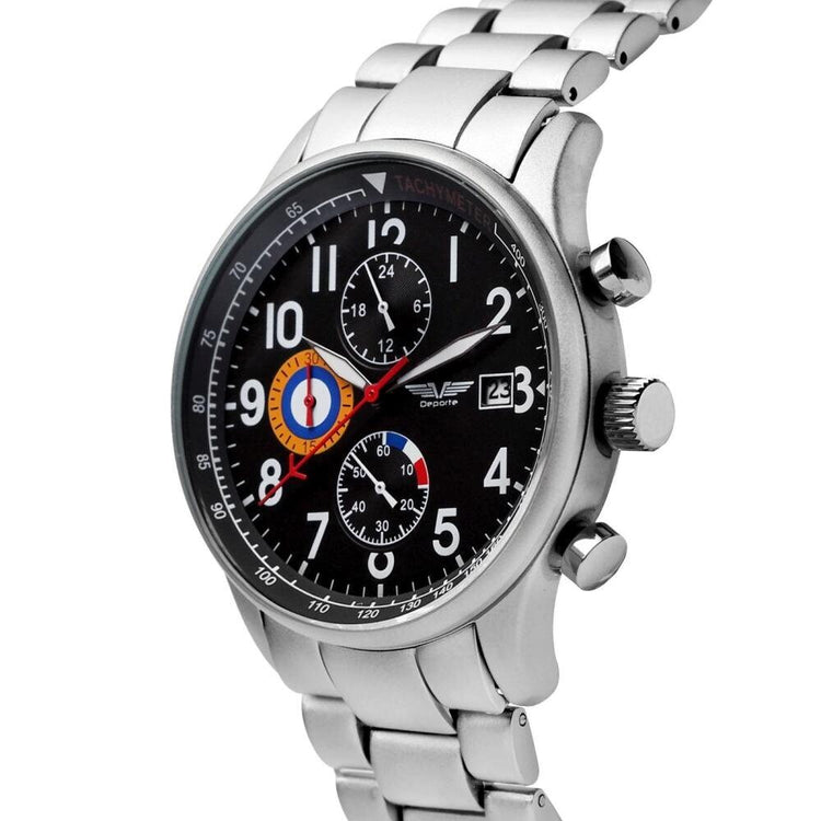 Deporte Spitfire Men's Chronograph Watch, Silver Case and Bracelet Black Dial