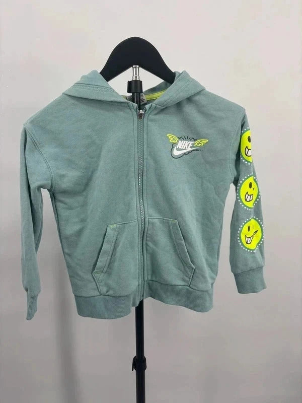 Nike Kids Sage Green Smiley Face Zip Hoodie Neon Y2K Style Size 5