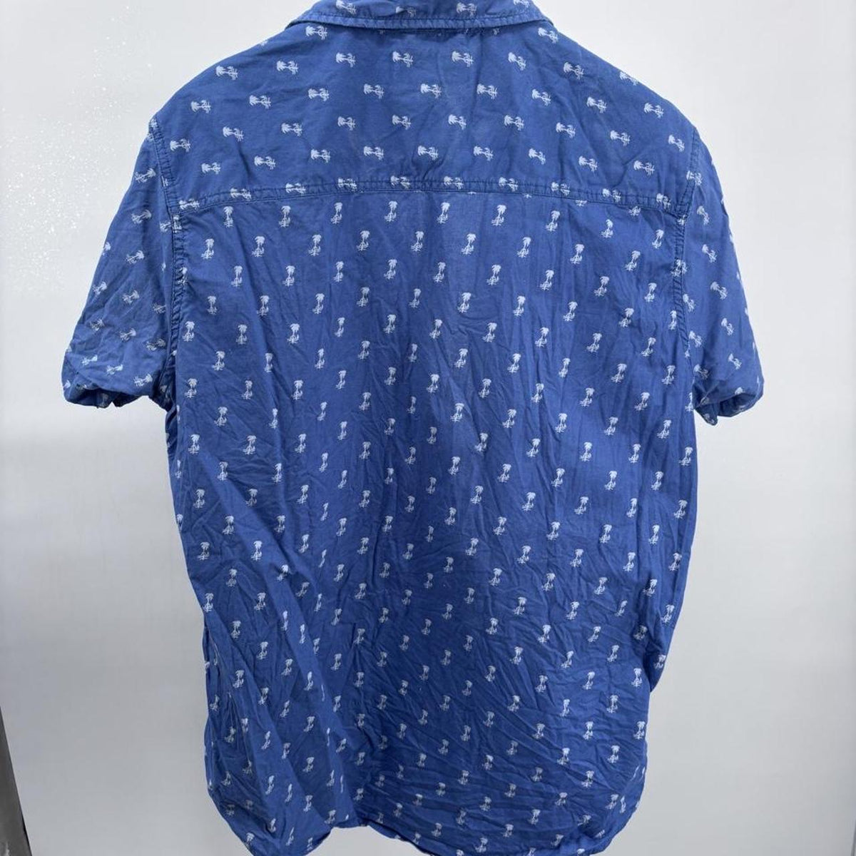 Free Planet Blue Button Up Shirt with White Palm Tree Print