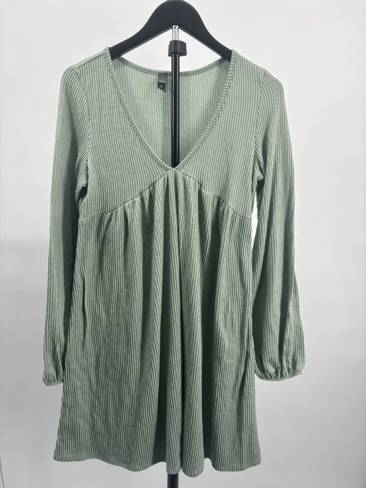 ALYA Sage Green Long Sleeve Ribbed Babydoll Dress Size M
