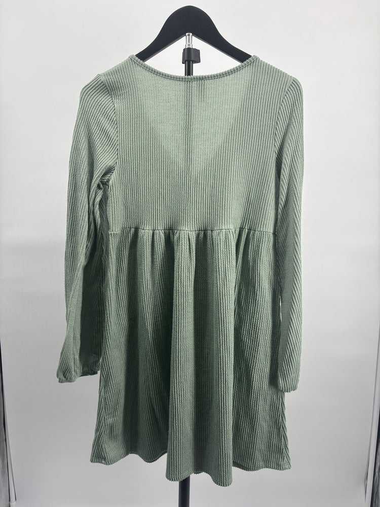 ALYA Sage Green Long Sleeve Ribbed Babydoll Dress Size M