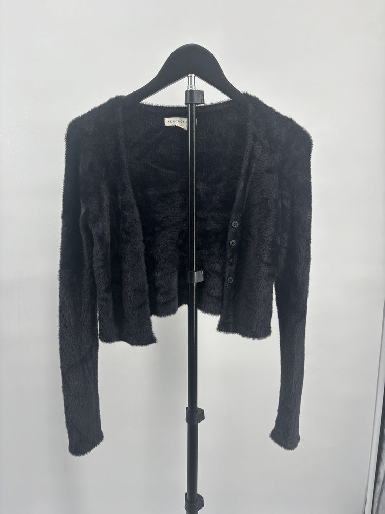 Aeropostale Black Fluffy Button Up Cropped Cardigan Size S