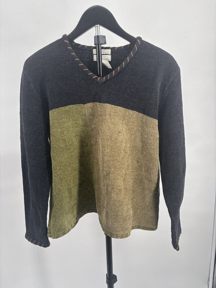 Christopher & Banks Size L Colorblock V Neck Sweater Olive Black