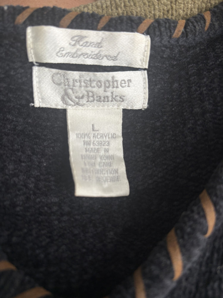 Christopher & Banks Size L Colorblock V Neck Sweater Olive Black