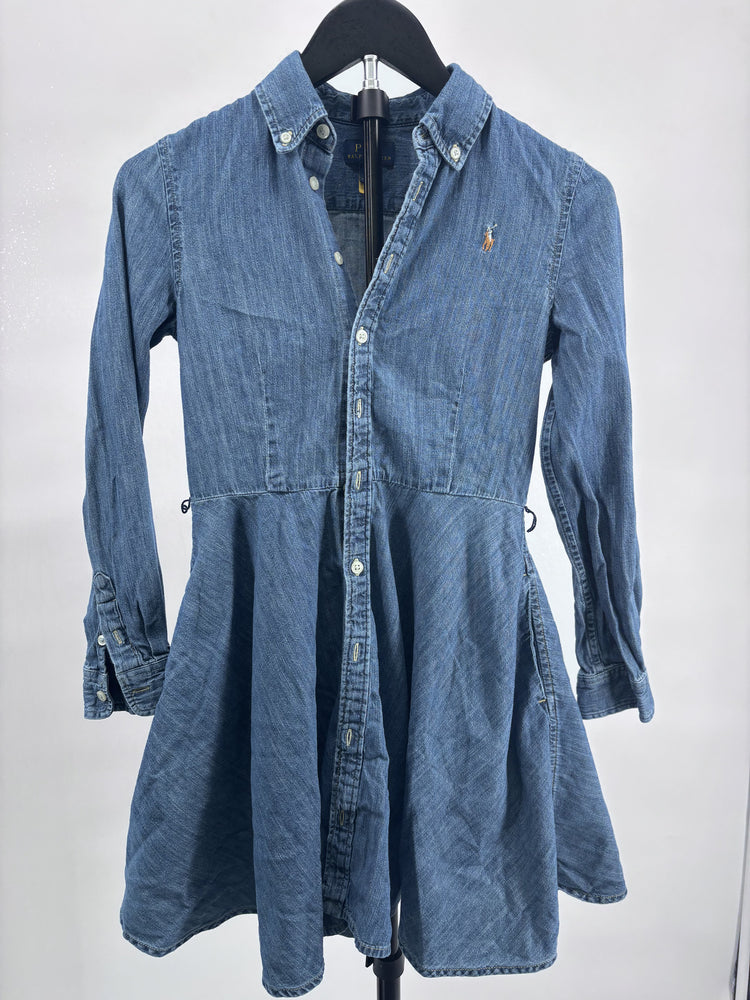 Polo Ralph Lauren Girls Size 12 Blue Denim Button Up Flared Dress