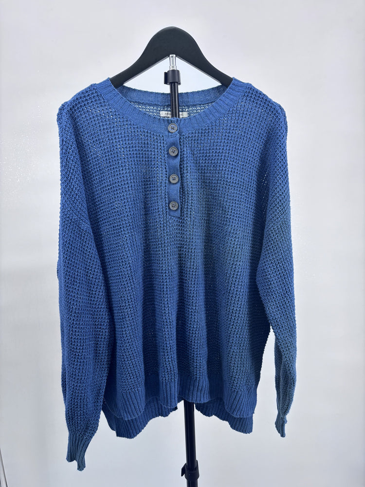 American Eagle Blue Waffle Knit Button Henley Sweater Size Medium