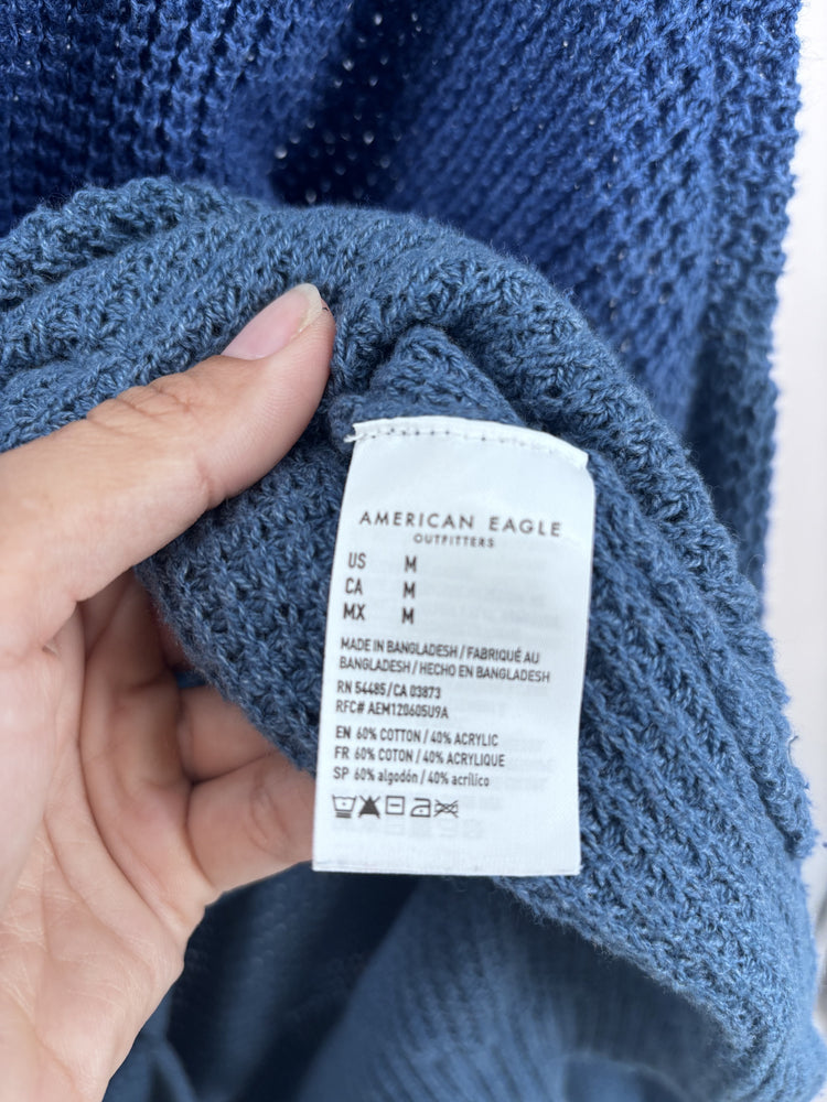 American Eagle Blue Waffle Knit Button Henley Sweater Size Medium
