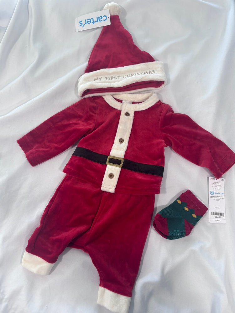 Newborn Baby's First Christmas Outfit Set - Santa Velvet Jacket, Pants, Hat & Socks