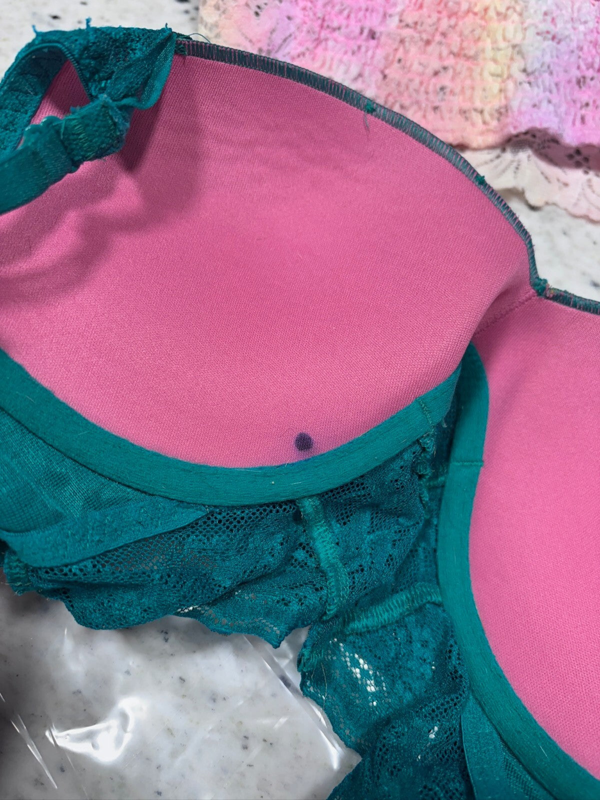 Set of 3 Women's Bras Sz. Small-Teal Lace, Pink Ombre Lace, and Olive Sports Bra