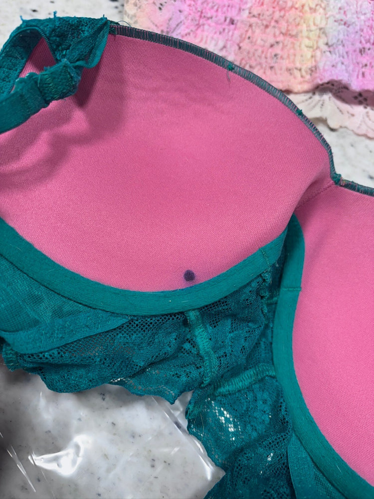 Set of 3 Women's Bras Sz. Small-Teal Lace, Pink Ombre Lace, and Olive Sports Bra
