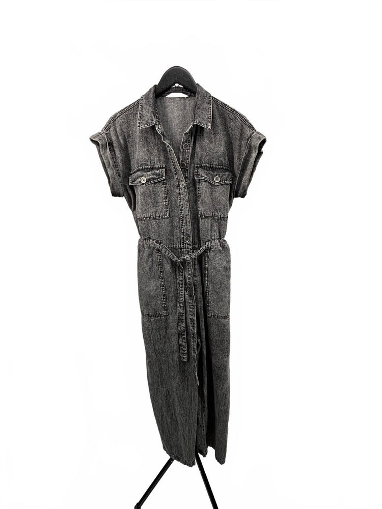 G.Kale Petite PL Gray Acid Wash Denim Short Sleeve Utility Jumpsuit Y2K Coastal