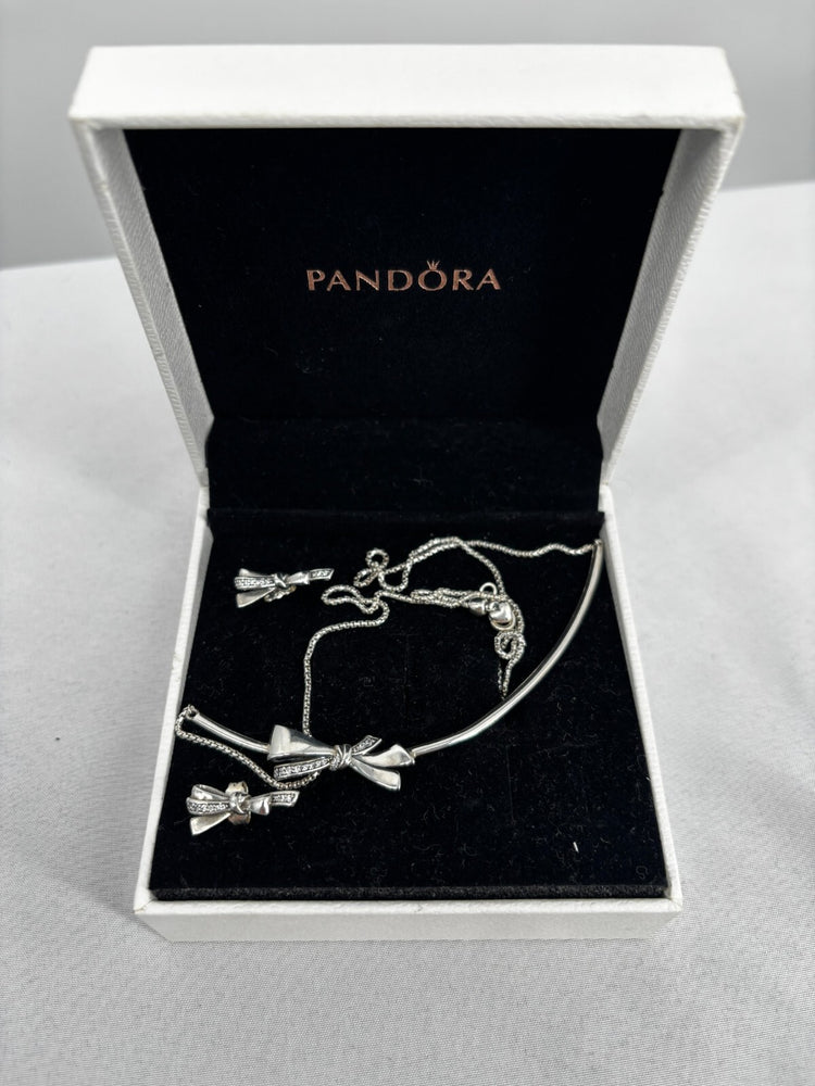 Pandora Silver Brilliant Bow Necklace & Matching Earrings Jewelry Set