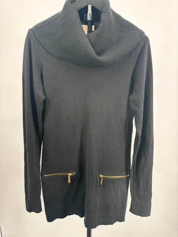 Michael Kors Black Cowl Neck Long Sweater Size M Gold Zip Detail