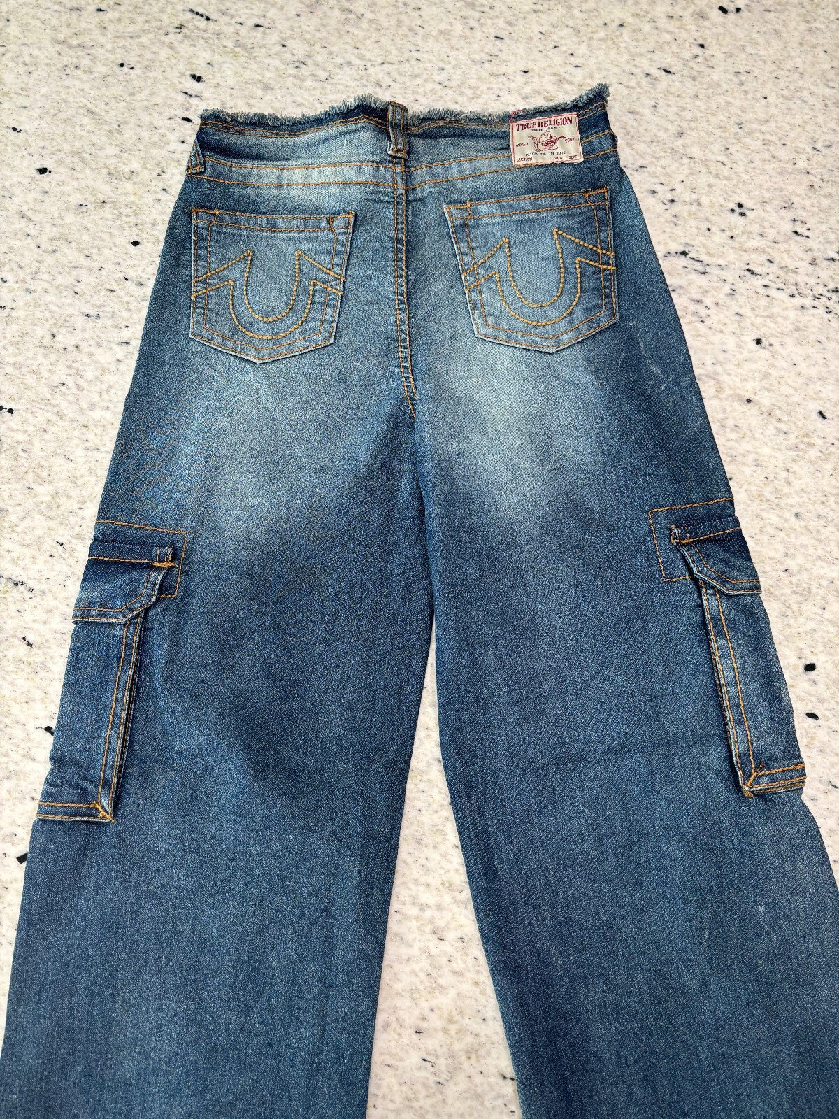 True Religion Y2K Wide Leg Cargo Jeans Girls Size 14 Blue Denim