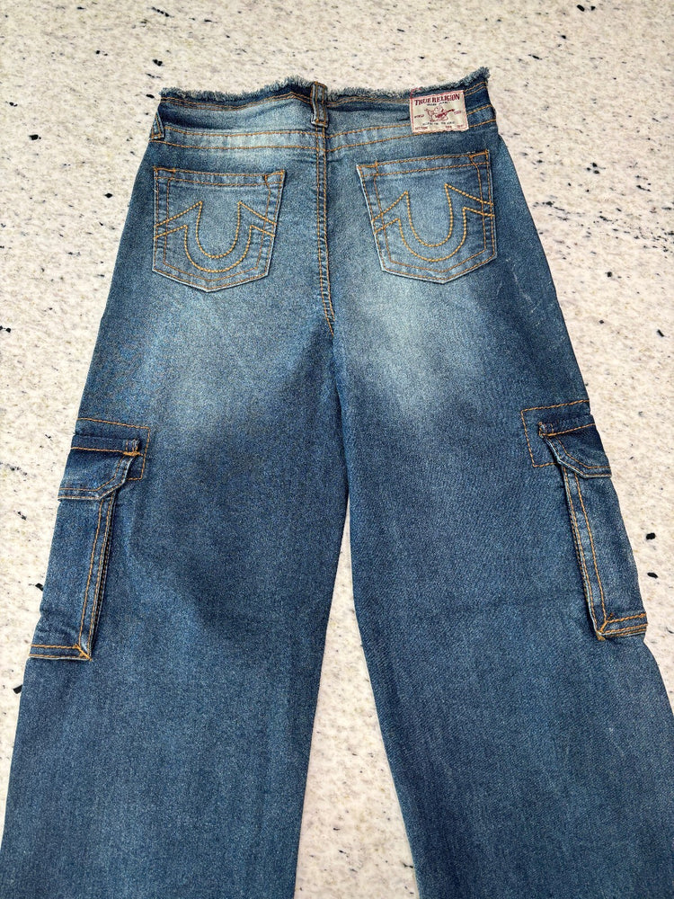 True Religion Y2K Wide Leg Cargo Jeans Girls Size 14 Blue Denim