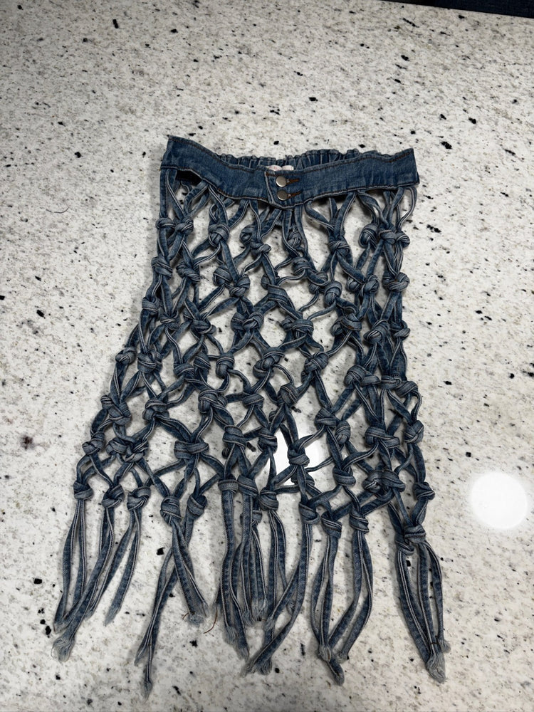Hot & Delicious Denim Fringe Open Weave Mini Skirt Size M Festival
