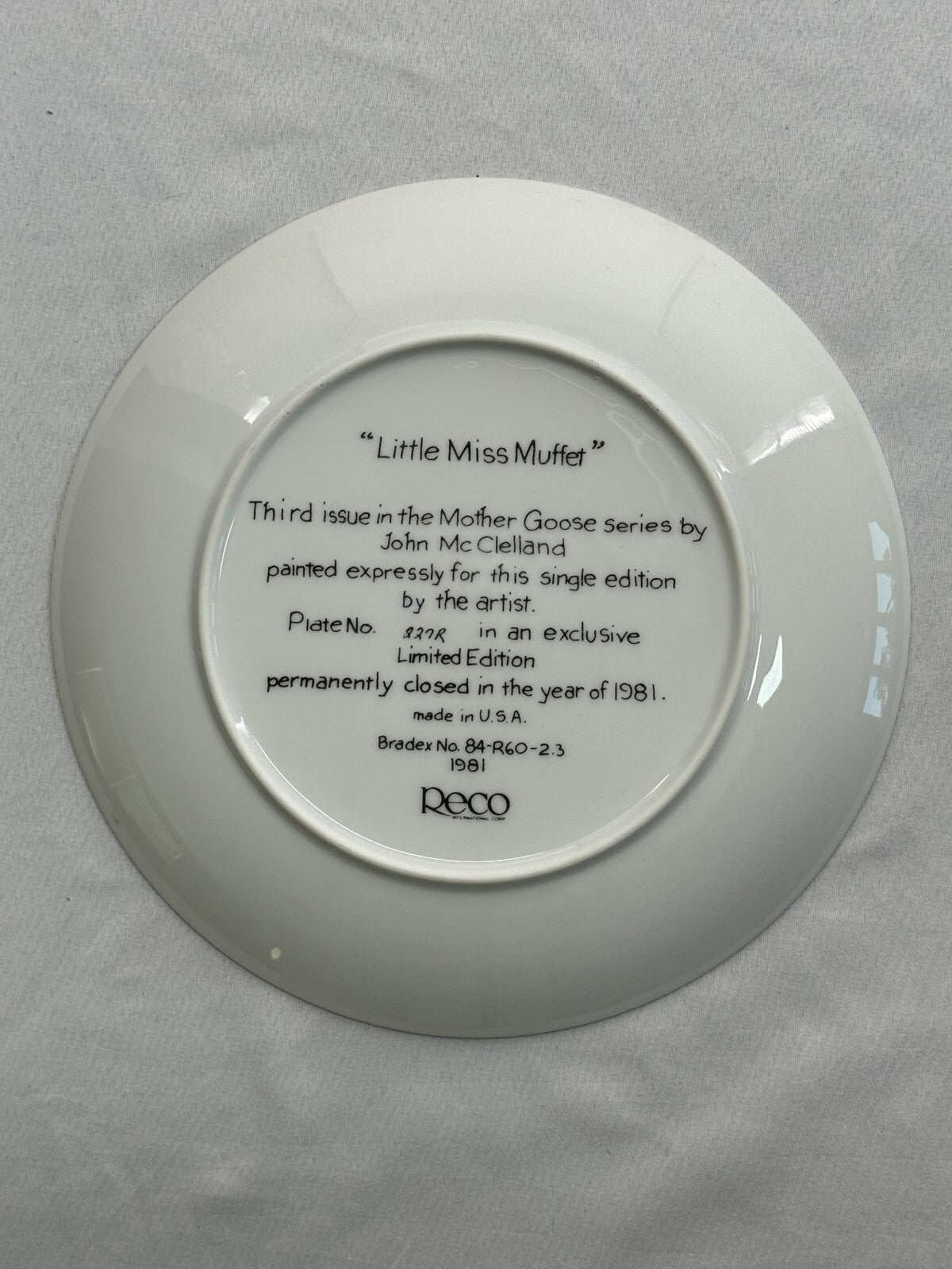 Vintage 1981 Reco Little Miss Muffet Collector Plate John McClelland COA 227R