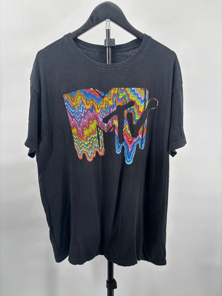 MTV Rainbow Psychedelic Logo Tee Black Retro Graphic Shirt