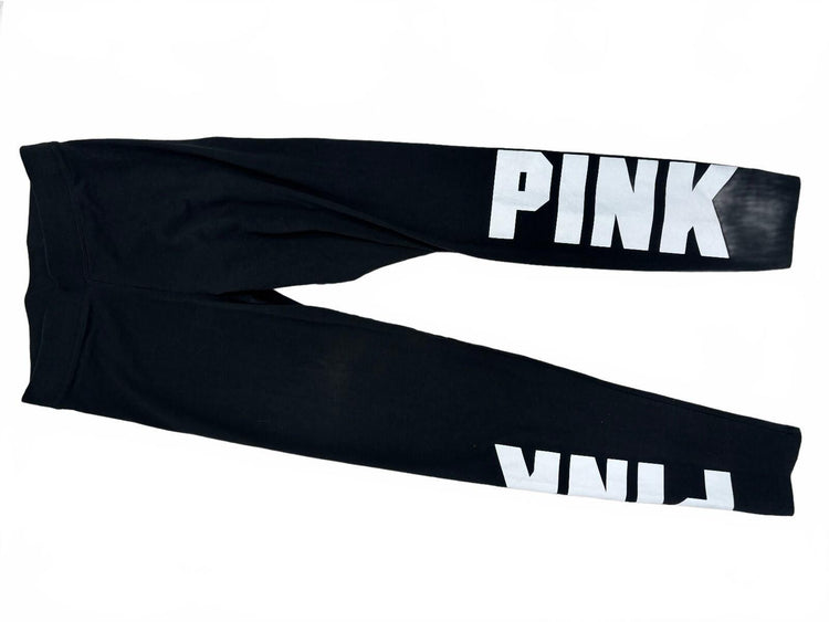 Victoria's Secret PINK Black Leggings Women's Medium White Logo Athleisure Y2K