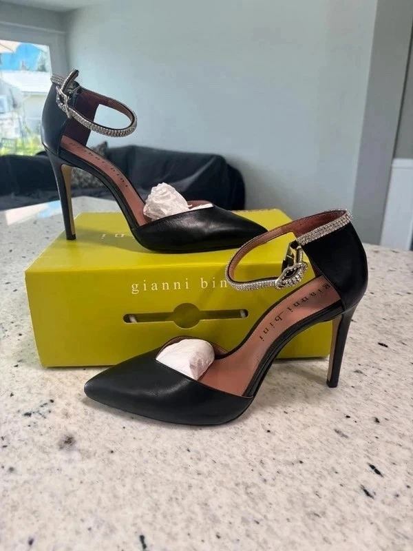Gianni Bini Black Rhinestone Ankle Strap Pointed Toe Stiletto Heels