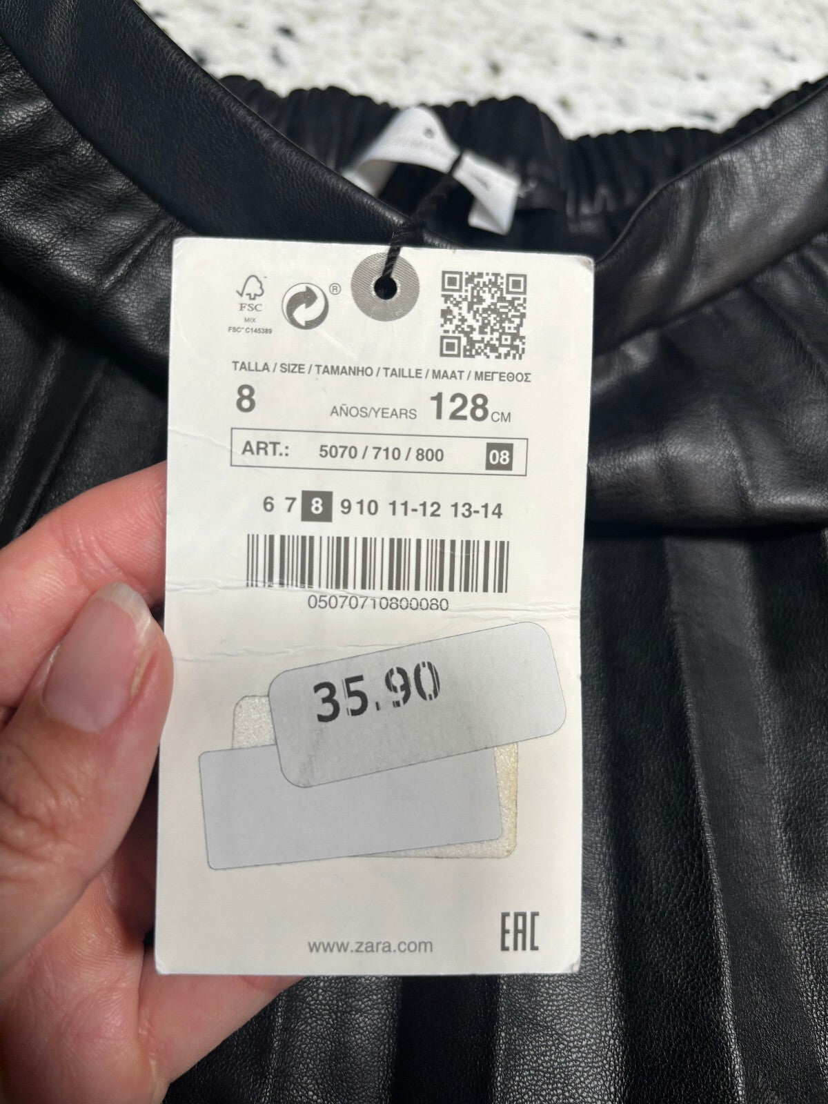 Zara Girls Age 8 Black Faux Leather Pleated Skirt New With Tags