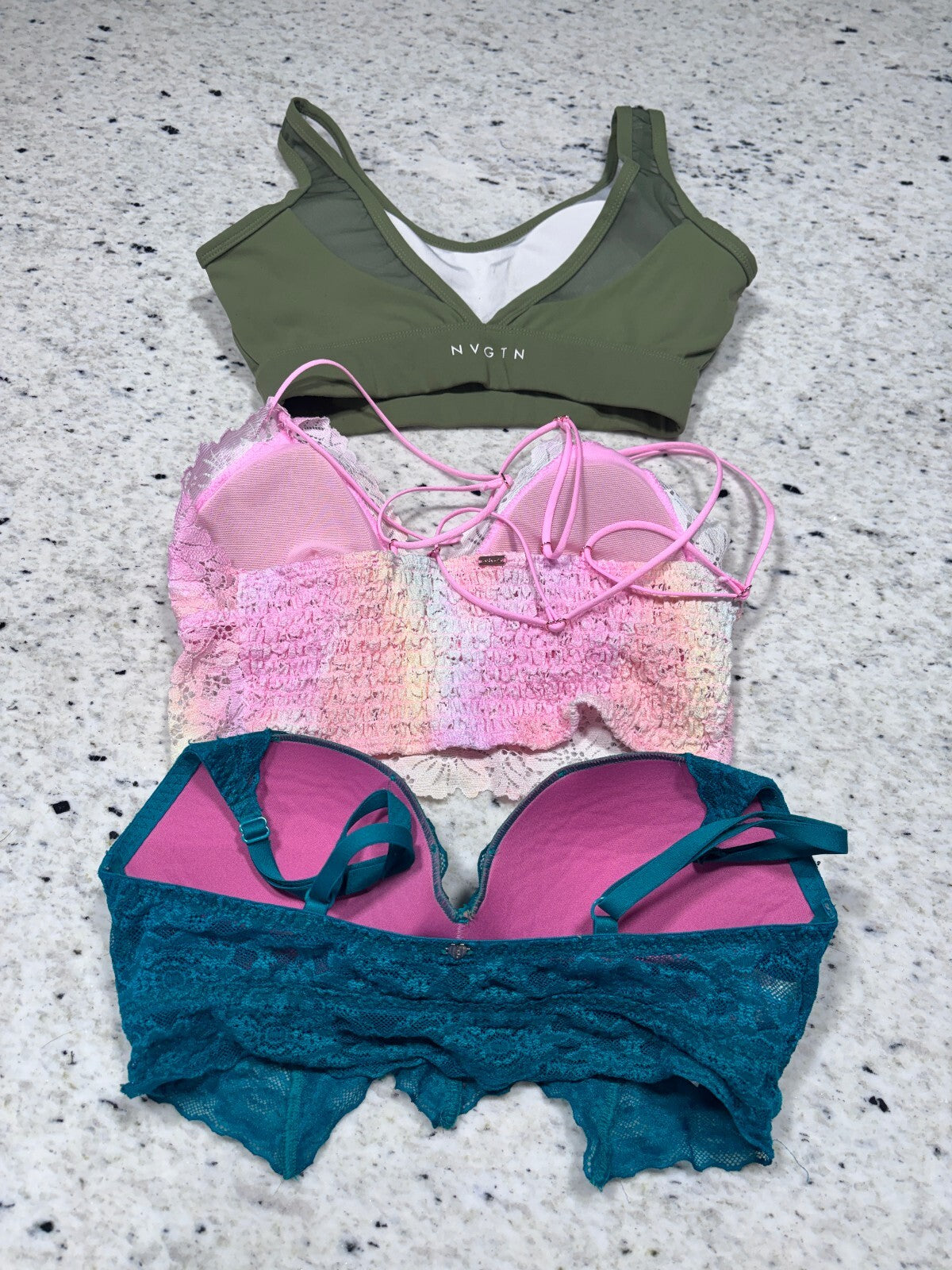 Set of 3 Women's Bras Sz. Small-Teal Lace, Pink Ombre Lace, and Olive Sports Bra