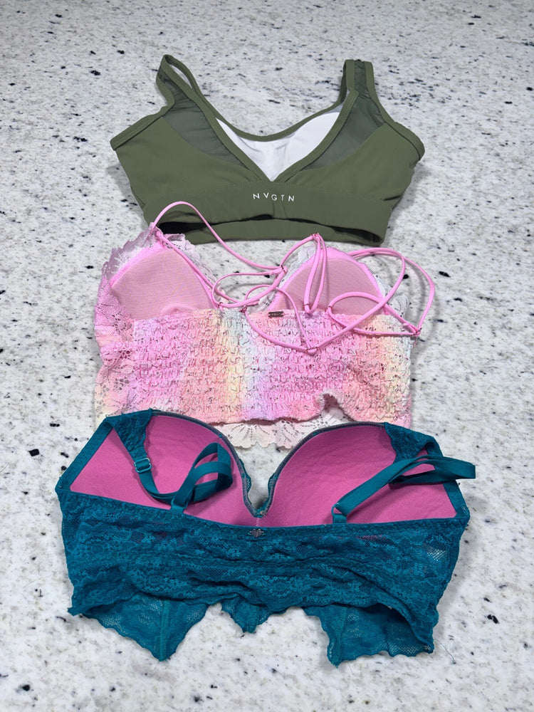 Set of 3 Women's Bras Sz. Small-Teal Lace, Pink Ombre Lace, and Olive Sports Bra