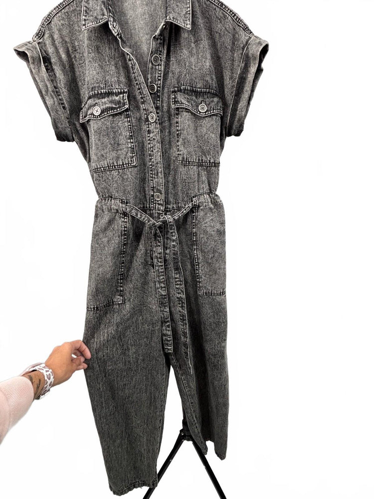 G.Kale Petite PL Gray Acid Wash Denim Short Sleeve Utility Jumpsuit Y2K Coastal