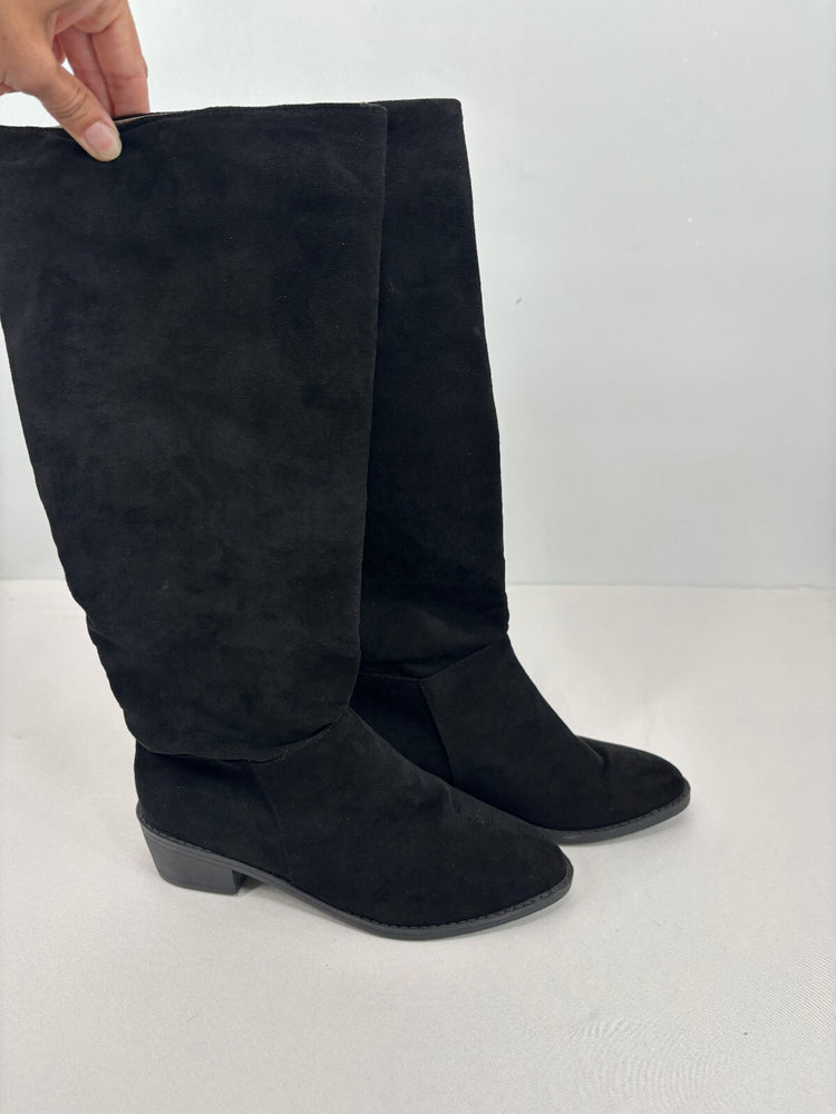 Black Slouchy Knee High Boots Low Heel Minimalist Fall Winter