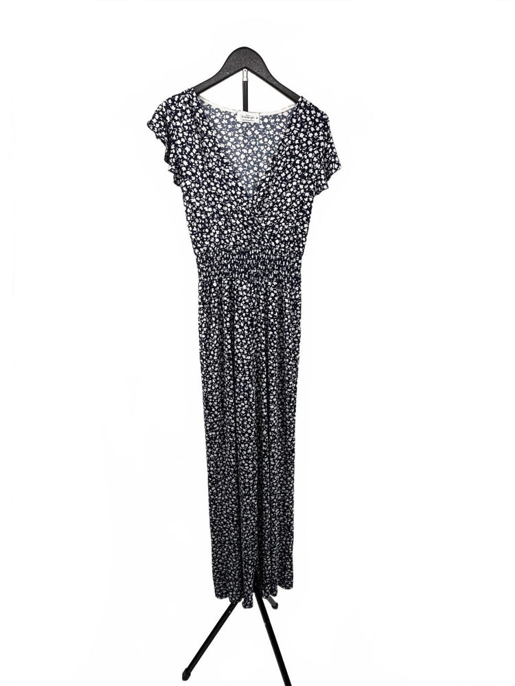 Kaileigh Navy Floral Wide Leg Jumpsuit Women's XS Surplice V-Neck Flutter Sleeve