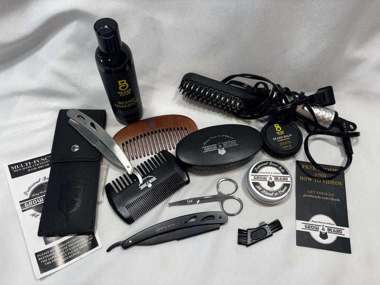 Men's Beard Grooming Kit Heated Straightener Razor Brush Comb Scissors Bundle