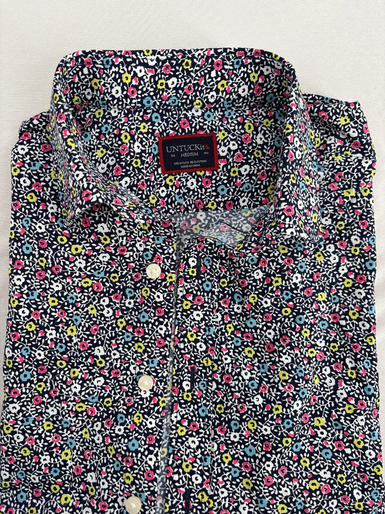 UNTUCKit Men's M Short Sleeve Button Up Shirt Navy Floral Print Stretch