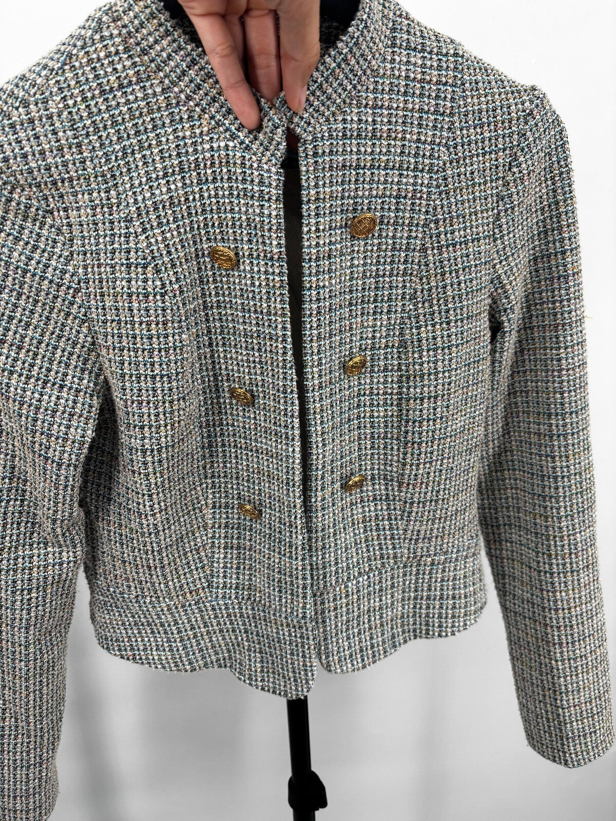 Allegra K Tweed Cropped Jacket XS Gold Button Chanel Inspired Blazer