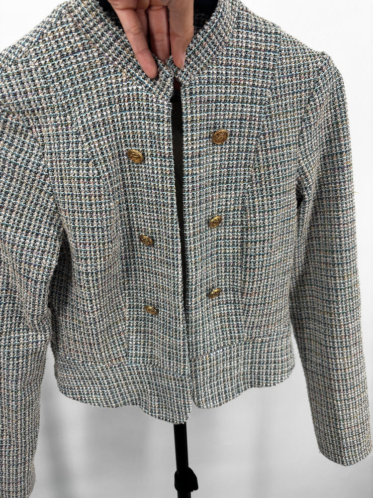 Allegra K Tweed Cropped Jacket XS Gold Button Chanel Inspired Blazer
