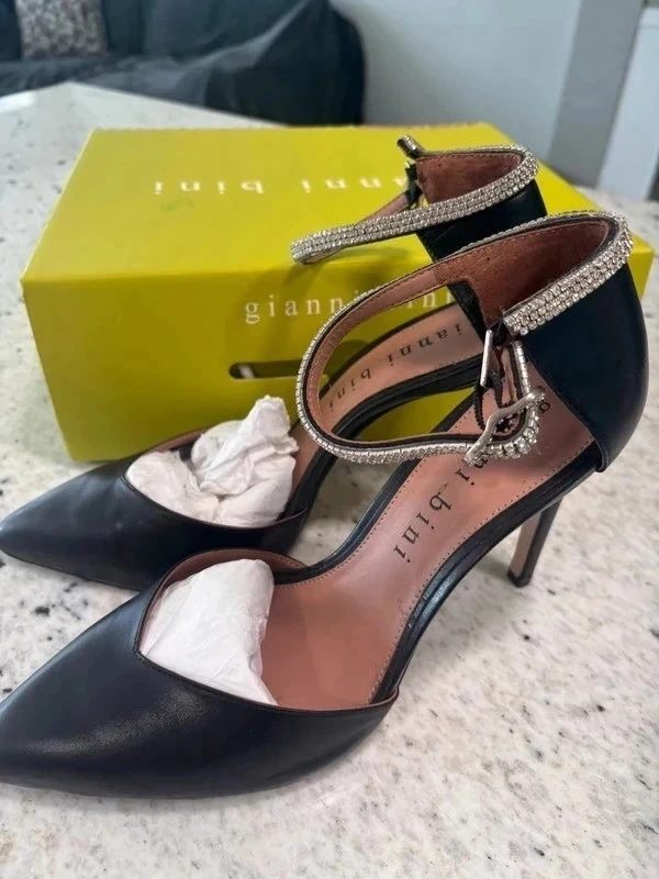 Gianni Bini Black Rhinestone Ankle Strap Pointed Toe Stiletto Heels
