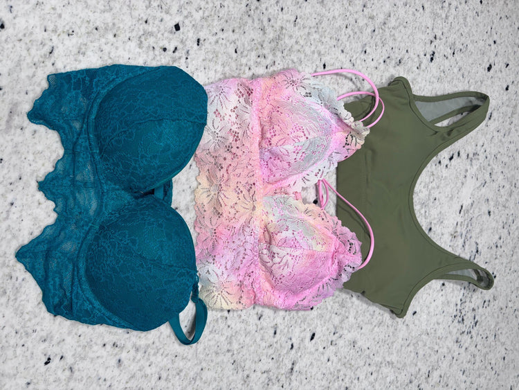 Set of 3 Women's Bras Sz. Small-Teal Lace, Pink Ombre Lace, and Olive Sports Bra