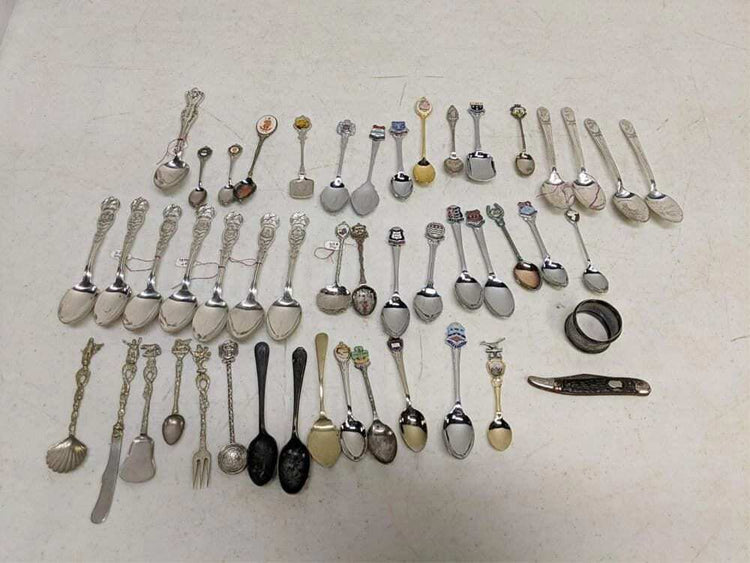 46 Collector Spoons, Napkin Ring And Pocket Knife