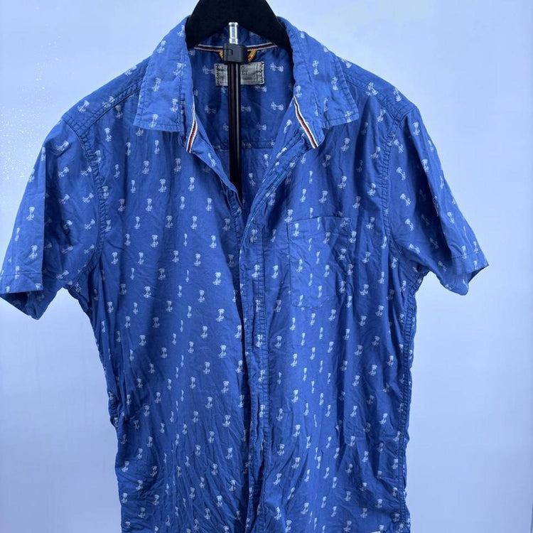 Free Planet Blue Button Up Shirt with White Palm Tree Print
