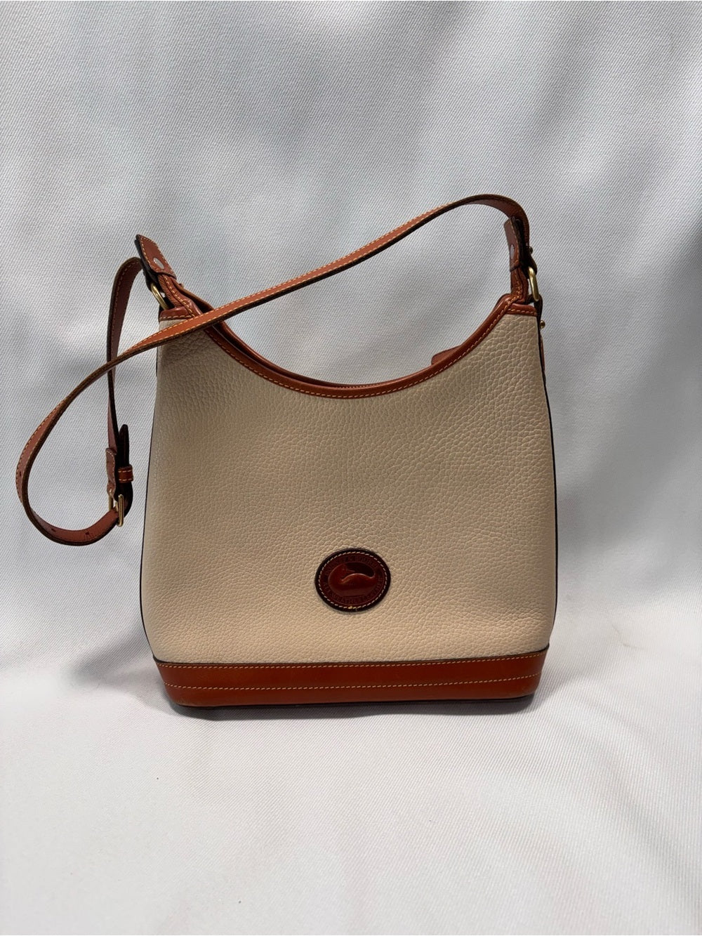 Dooney & Bourke Cream Pebble Leather Shoulder Bag with Brown Trim