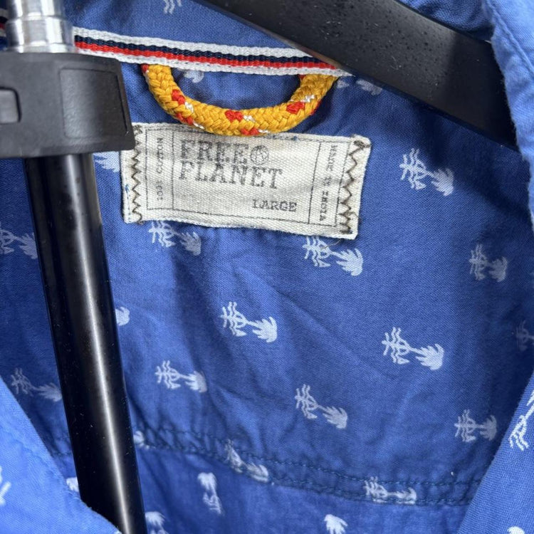 Free Planet Blue Button Up Shirt with White Palm Tree Print