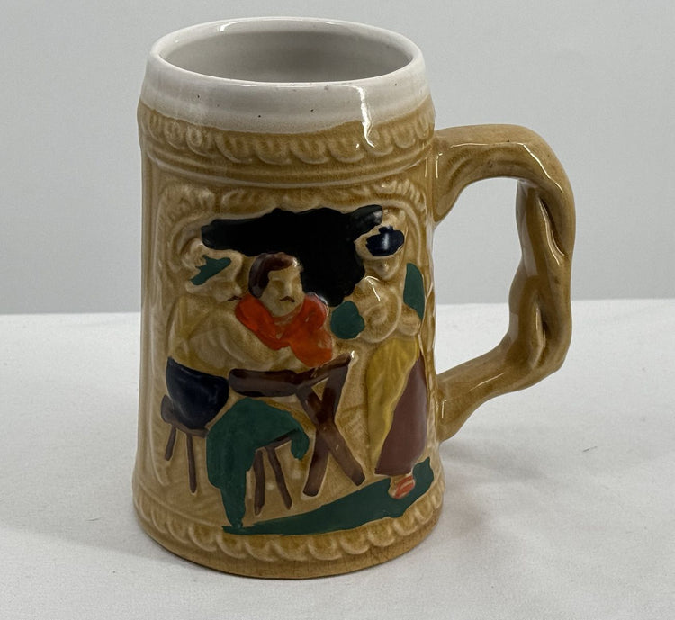 Vintage Ceramic Beer Stein Mug with Hand-Painted Tavern Scene