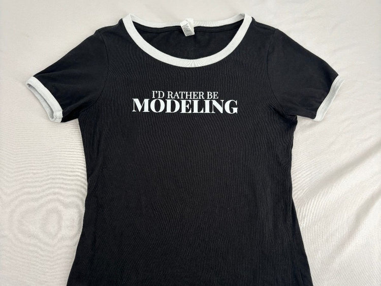 I'd Rather Be Modeling Ringer Baby Tee Women's S Black White Y2K Slogan Graphic