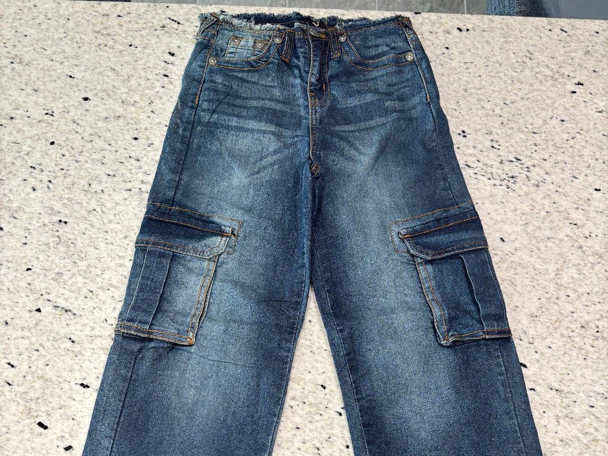 True Religion Y2K Wide Leg Cargo Jeans Girls Size 14 Blue Denim