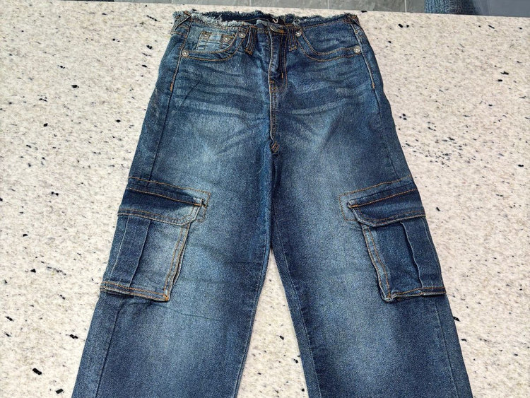 True Religion Y2K Wide Leg Cargo Jeans Girls Size 14 Blue Denim