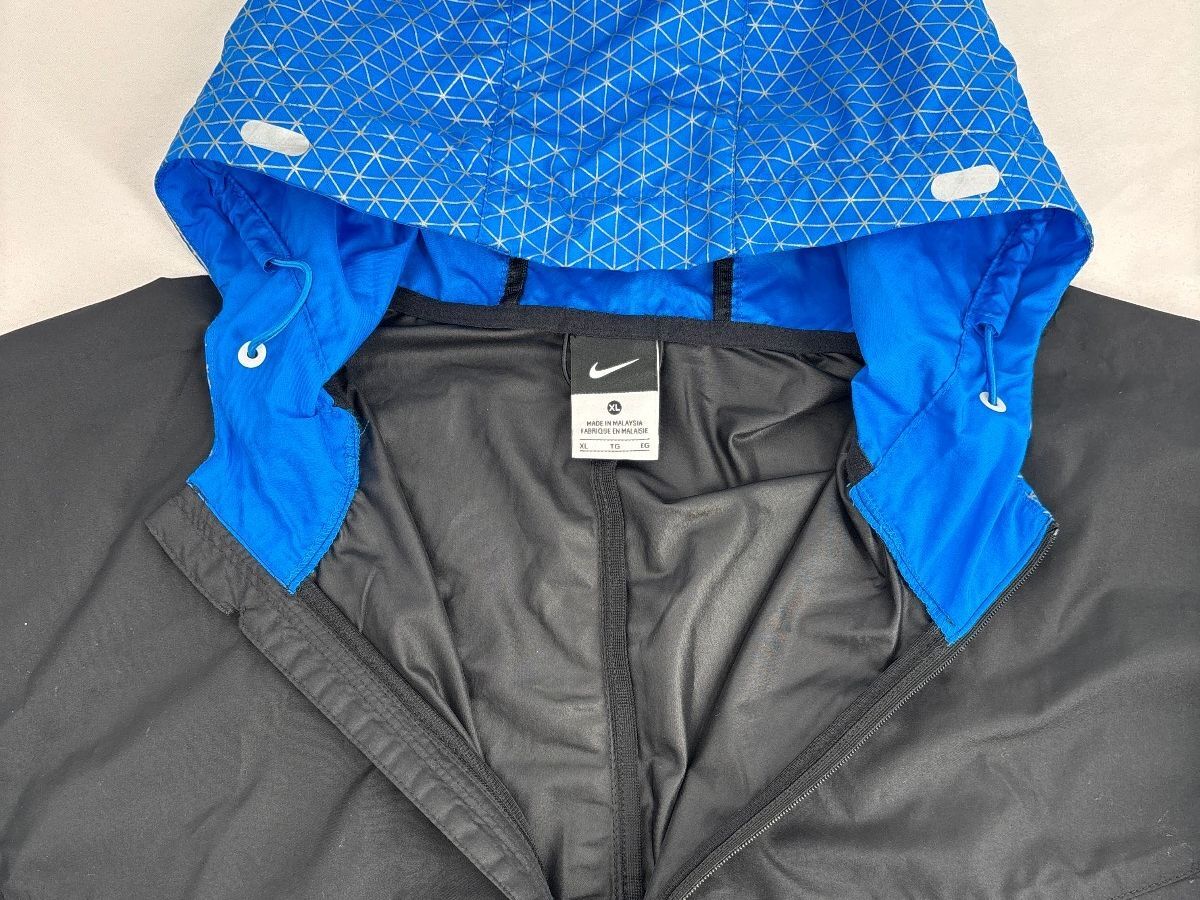 Nike Men's XL Running Jacket Black Blue Reflective Hood Flash Full Zip