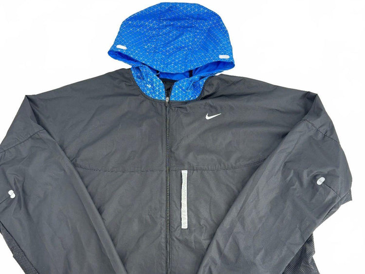 Nike Men's XL Running Jacket Black Blue Reflective Hood Flash Full Zip